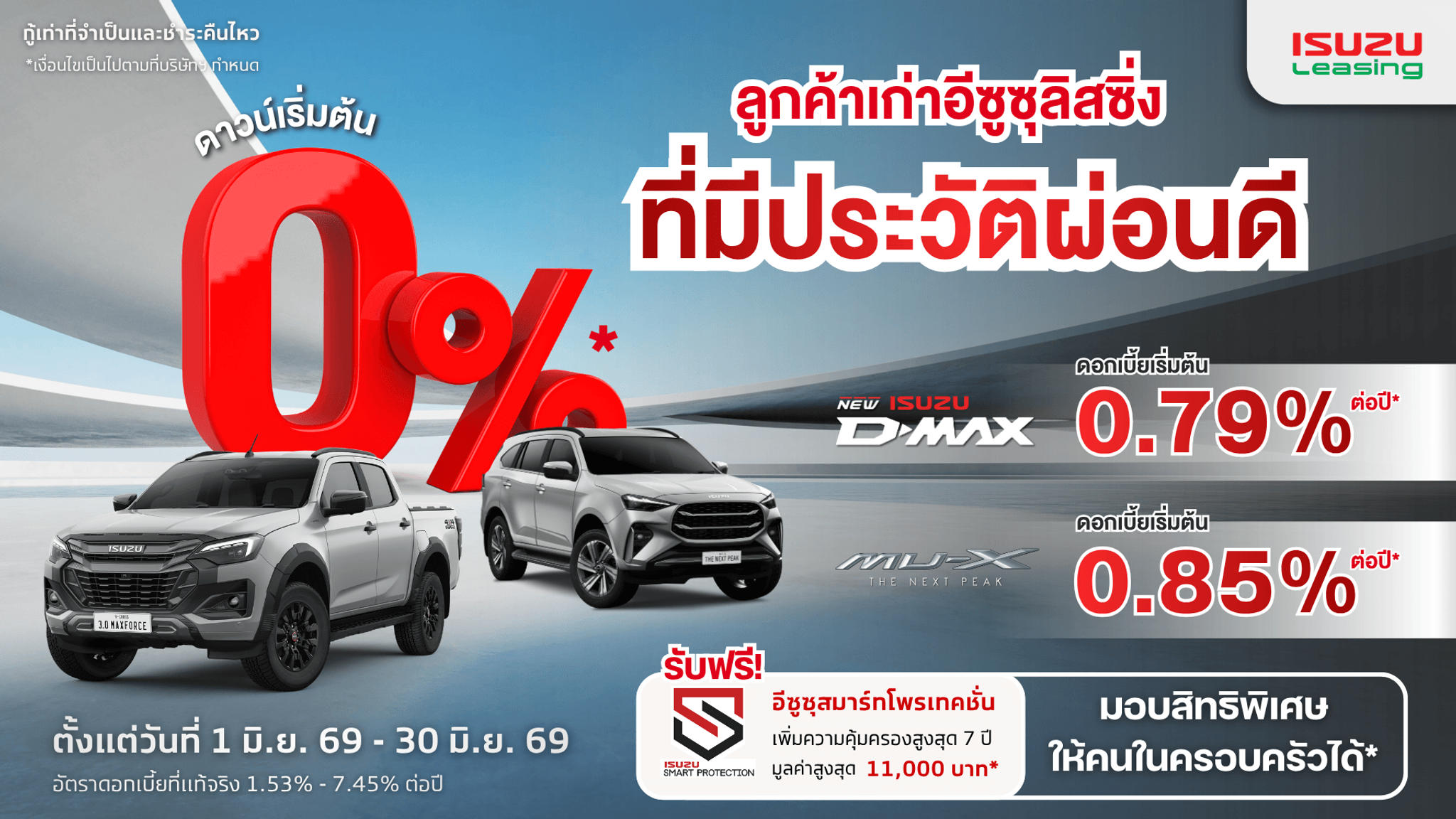 ลูกค้าเก่าอีซูซุลิสซิ่งที่มีประวัติผ่อนดี ดาวน์เริ่มต้น 0 บาท*