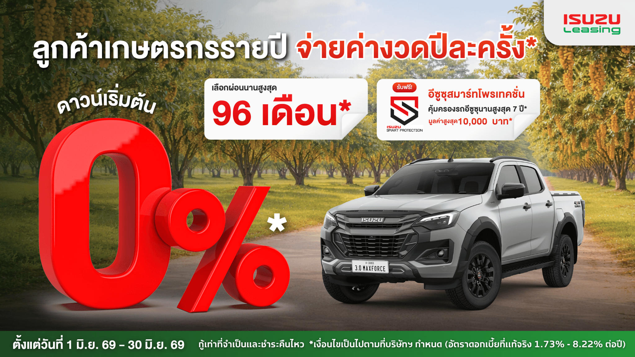 เกษตรกรรายปี จ่ายค่างวดปีละครั้ง* สำหรับรถปิกอัพอีซูซุทุกรุ่น*