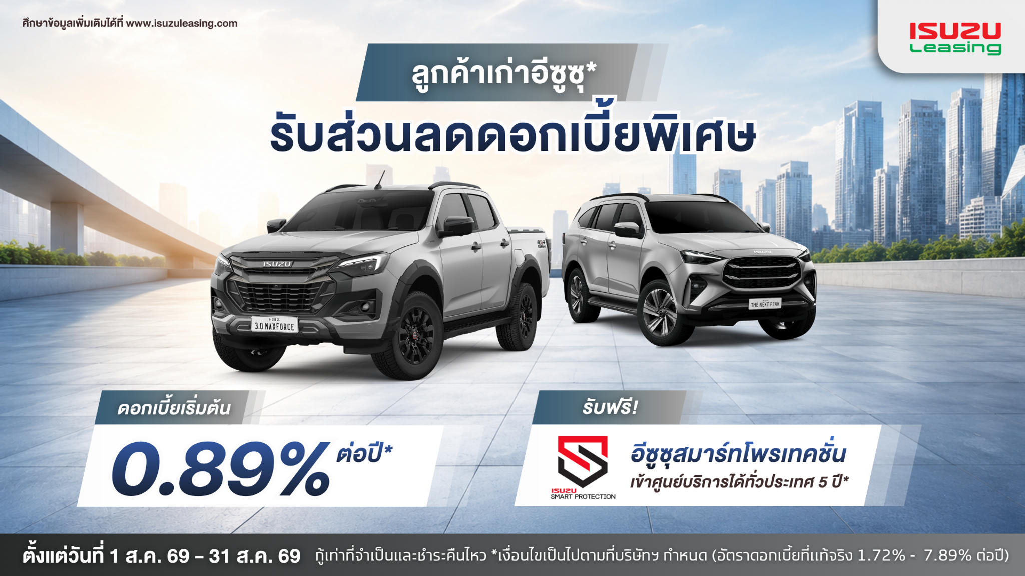 ลูกค้าเก่าอีซูซุ* รับส่วนลดดอกเบี้ยพิเศษเมื่อออกรถกับอีซูซุลิสซิ่ง