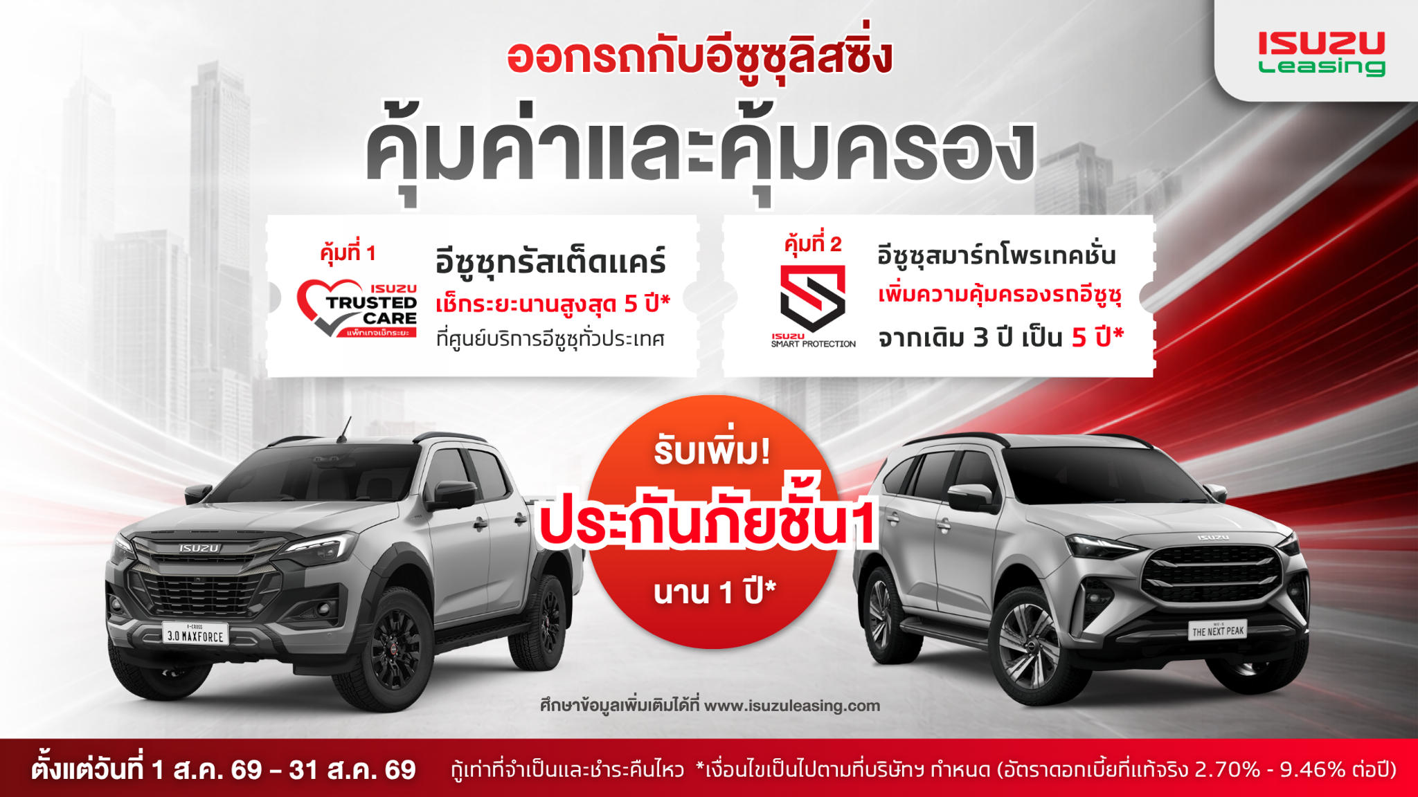 ข้อเสนอพิเศษจากอีซูซุลิสซิ่ง รับดอกเบี้ยพร้อมแพ็กเกจอีซูซุทรัสเต็ดแคร์ เข้าศูนย์บริการได้ทั่วประเทศ*