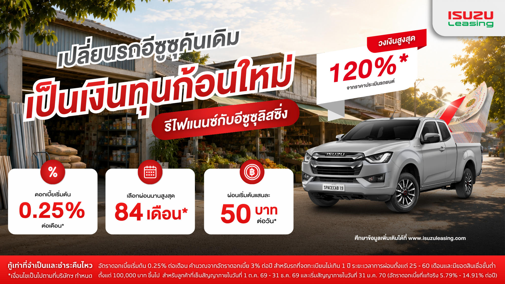 รีไฟแนนซ์กับอีซูซุลิสซิ่ง ผ่อนกับที่ไหนอยู่ก็ขอกู้ได้ ผ่อนเริ่มต้น 50 บาทต่อวัน*